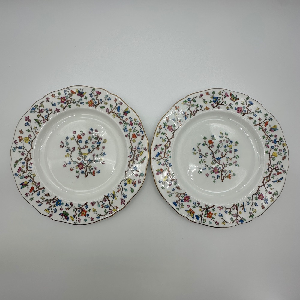 Vintage Copeland Spode China Plates 9.25 Floral Butterfly Gold Trim Set of 2